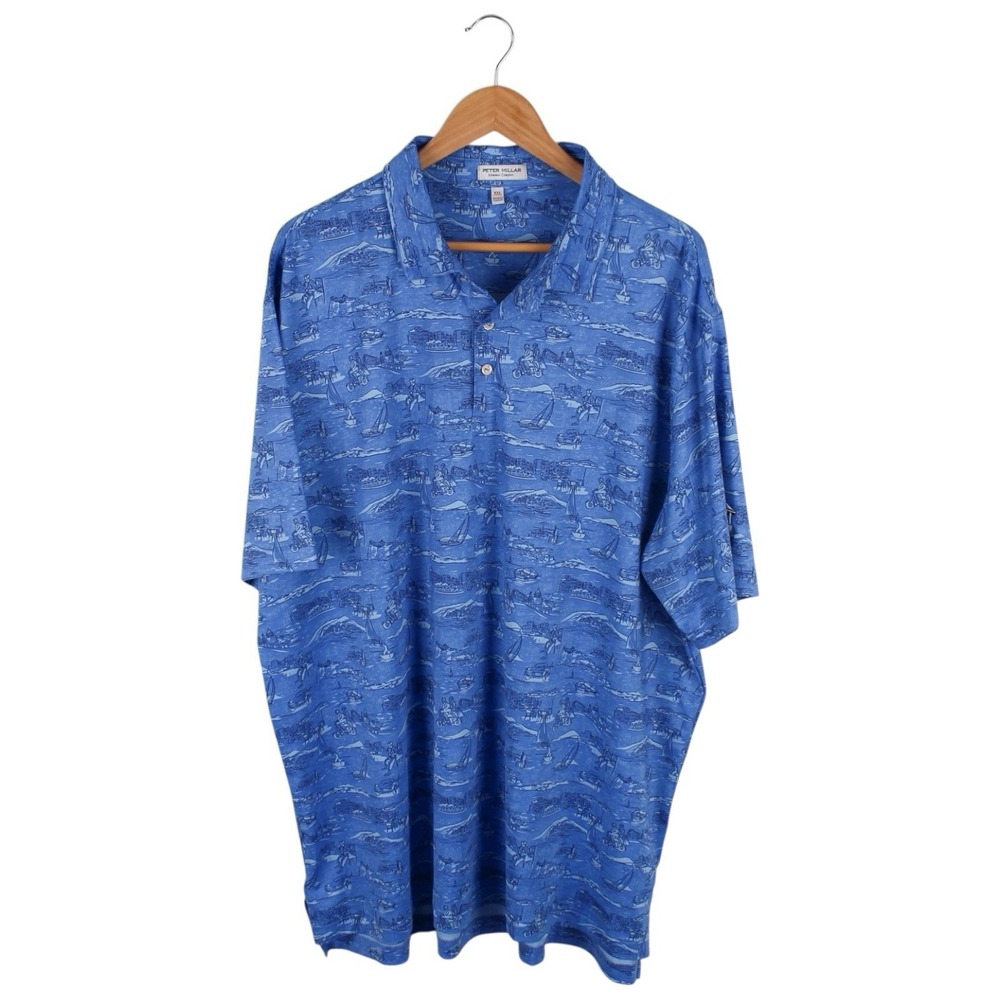 Peter Millar Polo Shirt Italian Escape Scenic Print Blue Short Sleeve Mens XXL